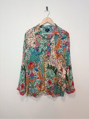 Shana Silk Floral Peacock Bird Print Colorful Long Sleeve Blouse Size Large